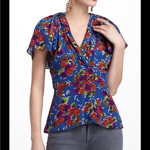 Floral V-Neck Blouse in Blue and Red Anthropologie Girls from Savoy